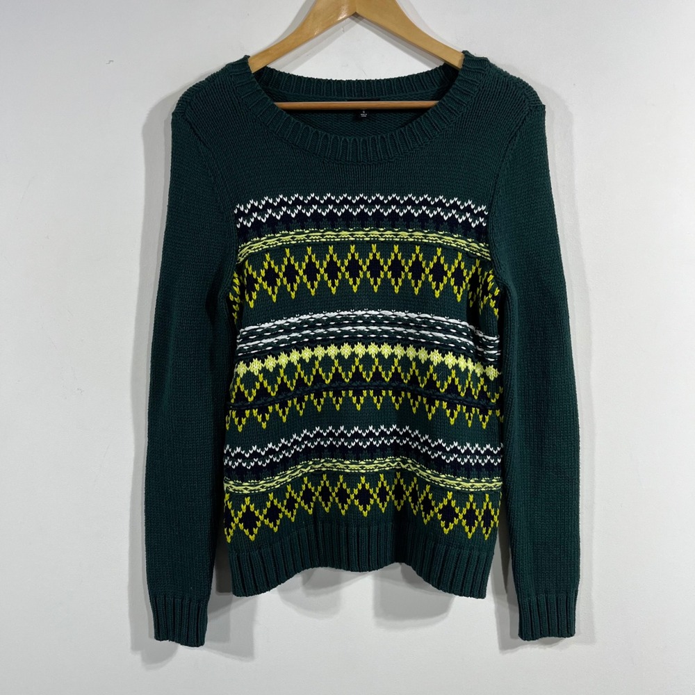 Talbots 90s VTG Green Fair Isle Nordic Knit Crew Neck Sweater Womens Small Ski
